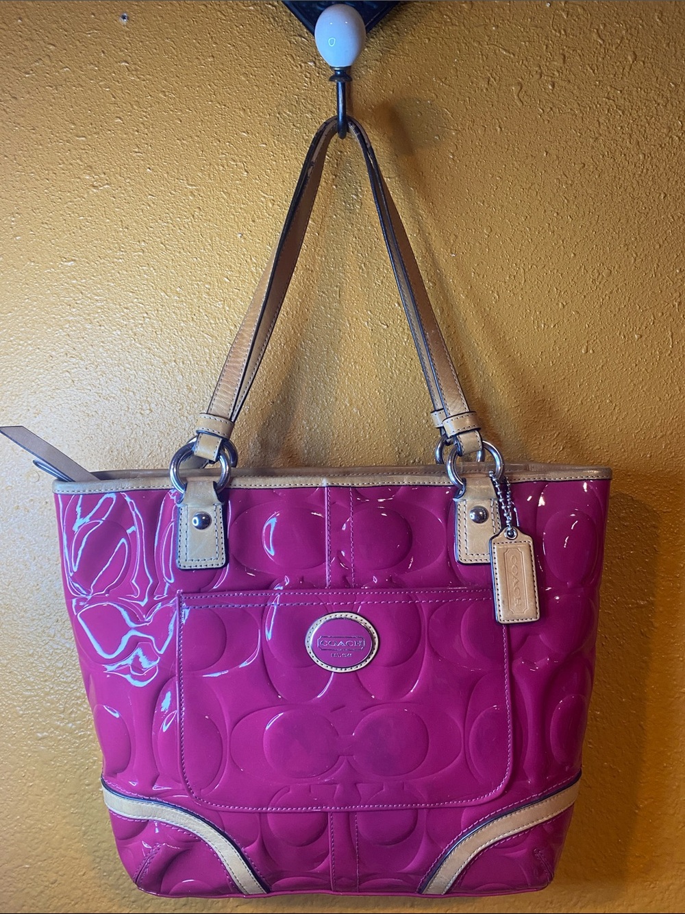 Coach Patent Leather Tote in Hot Pink with Tan Trim
